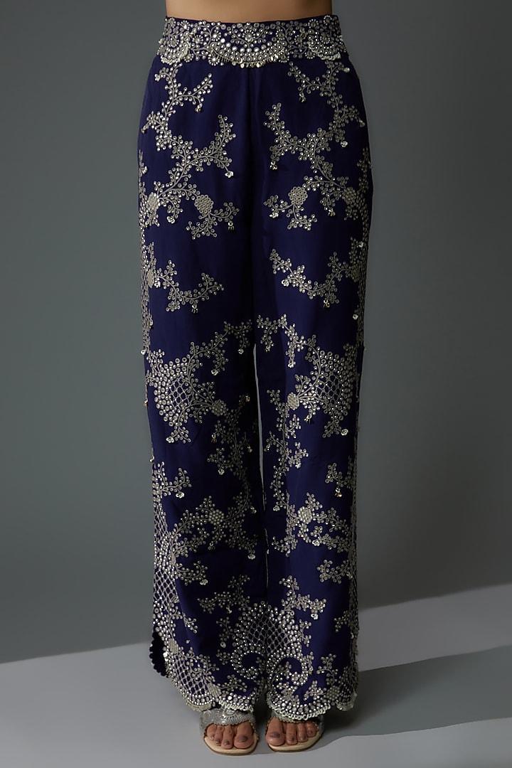 Navy Blue Crepe & Satin Lycra Hand Embroidered Blazer Set by Nupur Kanoi at Pernia's Pop Up Shop