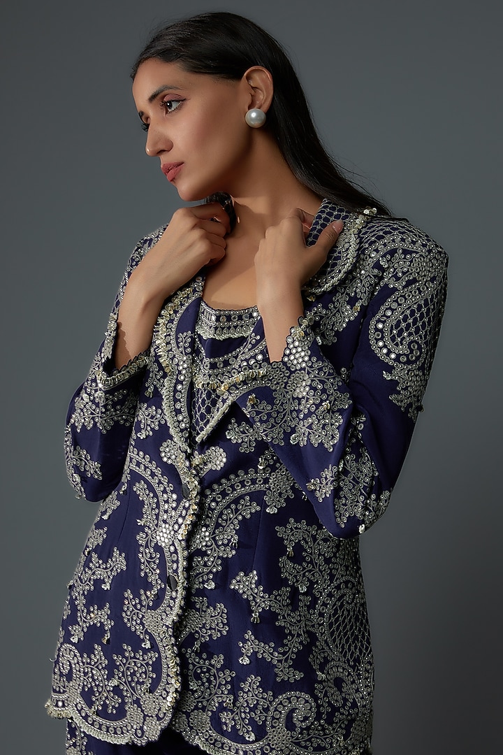 Navy Blue Crepe & Satin Lycra Hand Embroidered Blazer Set by Nupur Kanoi at Pernia's Pop Up Shop