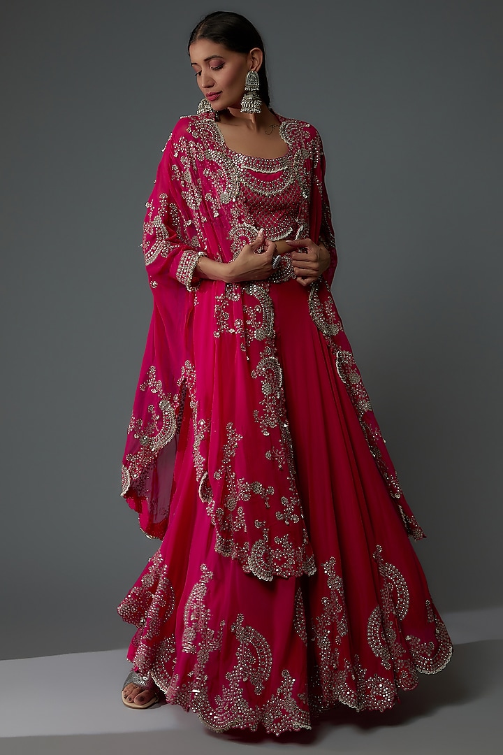 Fuchsia Georgette Hand Embroidered Cape Set by Nupur Kanoi