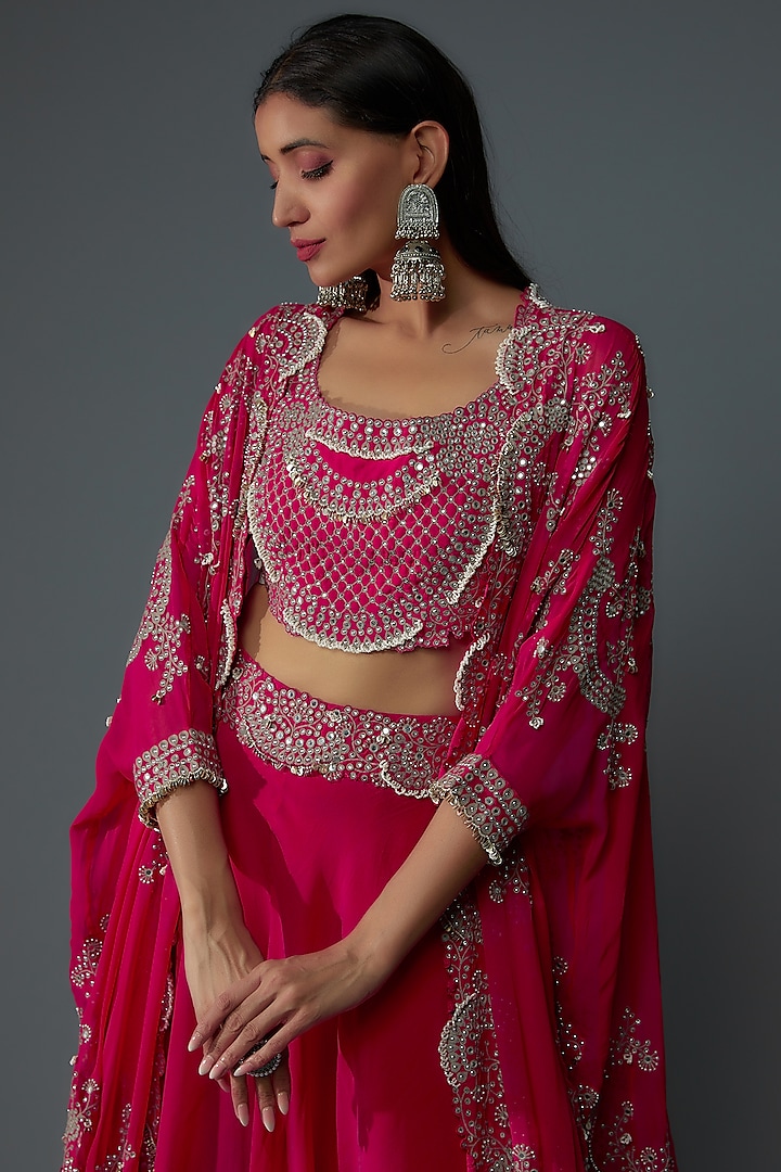 Fuchsia Georgette Hand Embroidered Cape Set by Nupur Kanoi at Pernia's Pop Up Shop