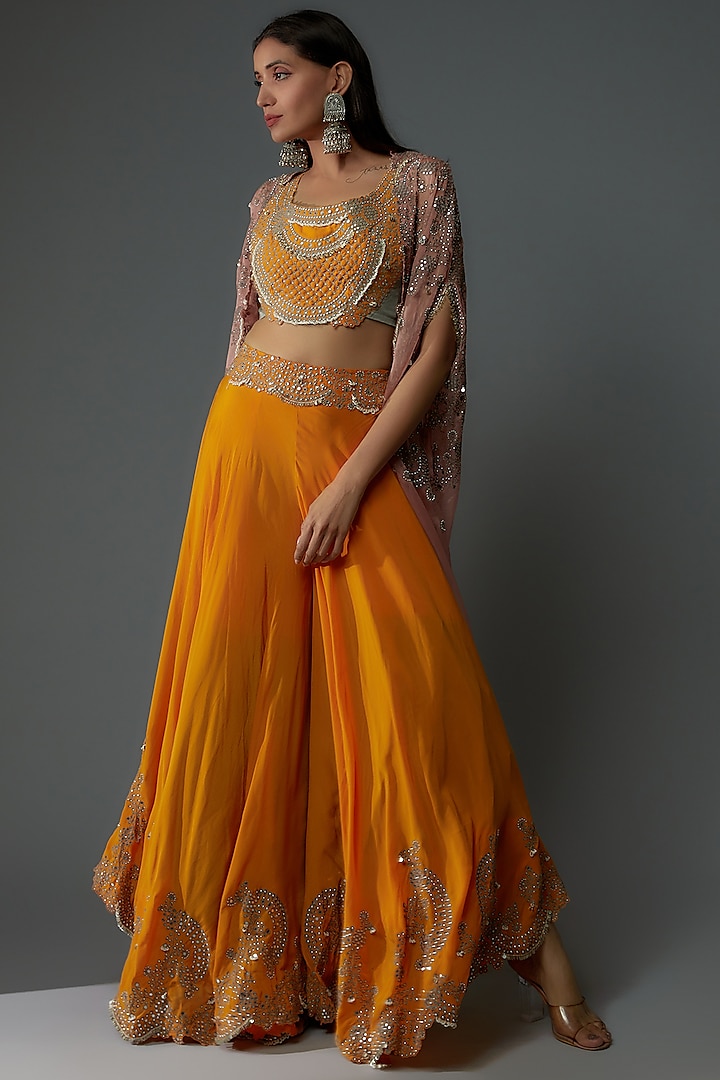 Orange Silk & Crepe Hand Embroidered Sharara Set by Nupur Kanoi at Pernia's Pop Up Shop