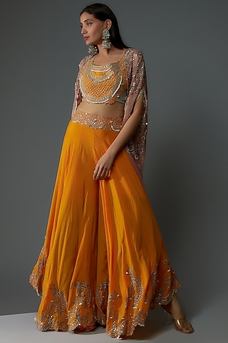 Orange Silk & Crepe Hand Embroidered Sharara Set by Nupur Kanoi