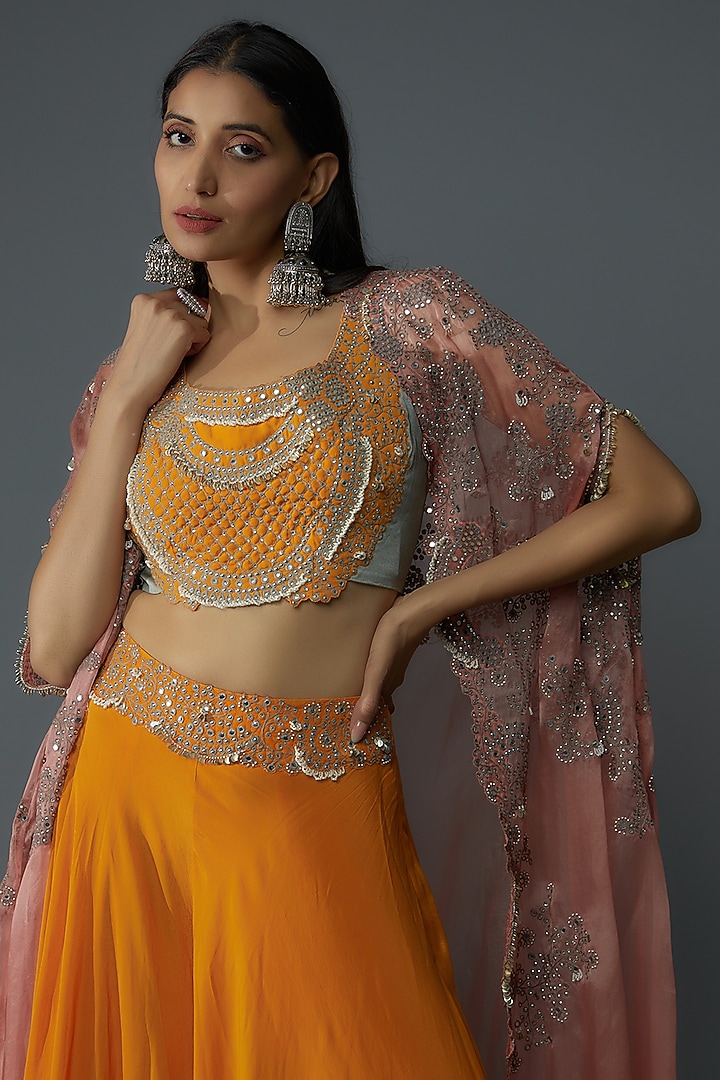 Orange Silk & Crepe Hand Embroidered Bridal Sharara Set by Nupur Kanoi at Pernia's Pop Up Shop