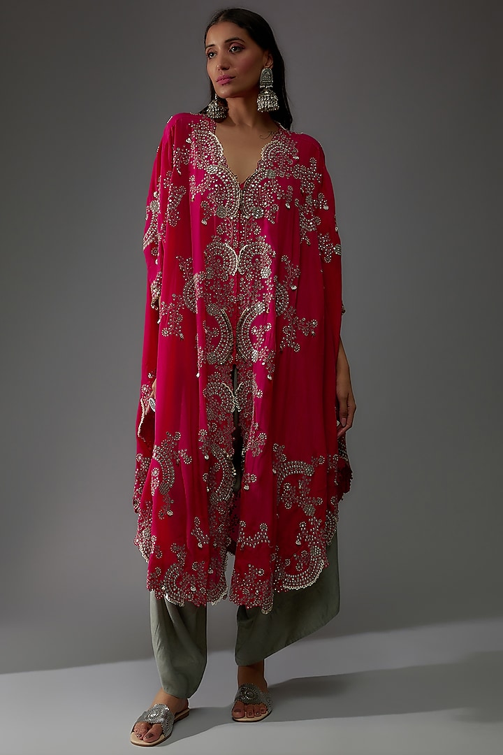 Fuchsia Silk Hand Embroidered Cape Set by Nupur Kanoi at Pernia's Pop Up Shop