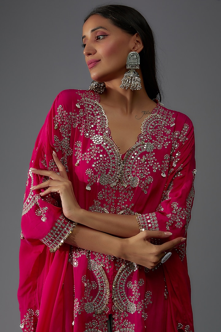 Fuchsia Silk Hand Embroidered Cape Set by Nupur Kanoi at Pernia's Pop Up Shop