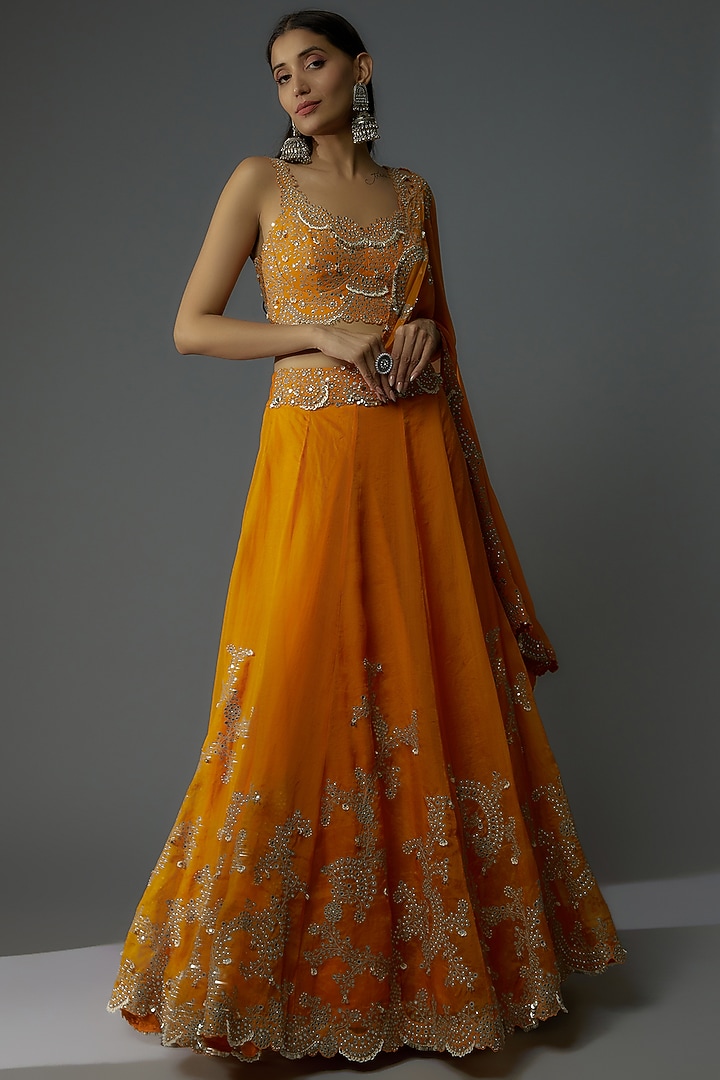 Orange Crepe Hand Embroidered Bridal Lehenga Set by Nupur Kanoi at Pernia's Pop Up Shop