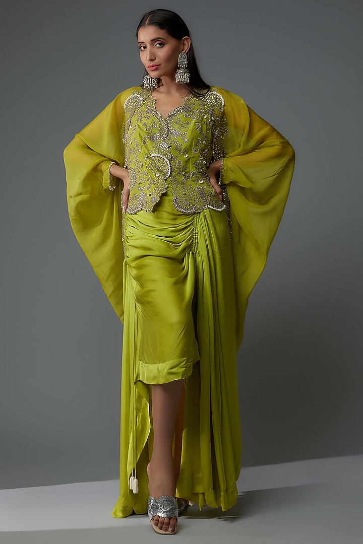 Pista Green Satin Gathered Skirt Set by Nupur Kanoi at Pernia's Pop Up Shop