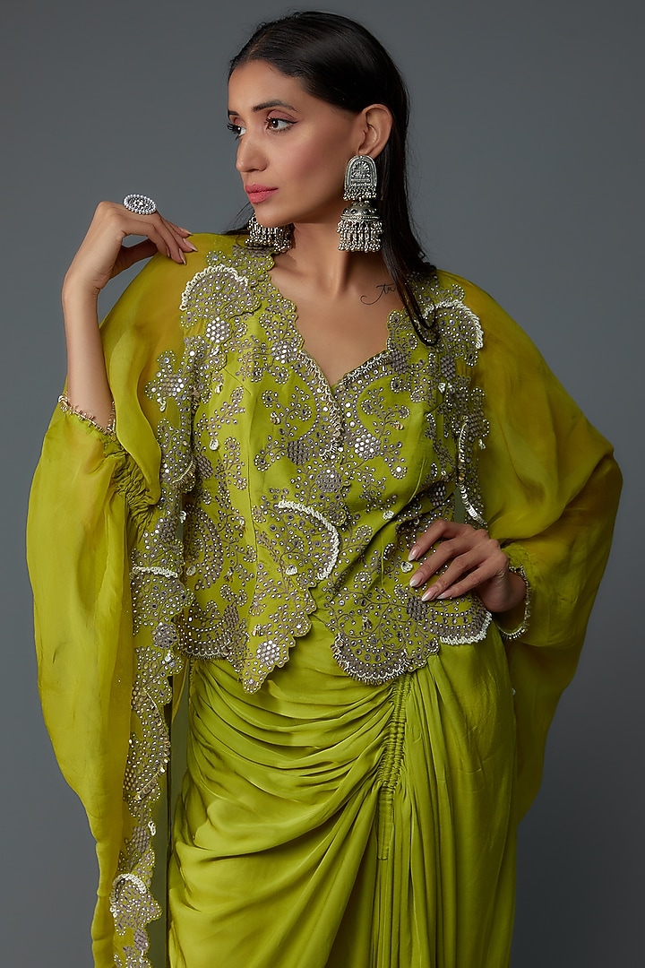Pista Green Satin Gathered Skirt Set by Nupur Kanoi at Pernia's Pop Up Shop