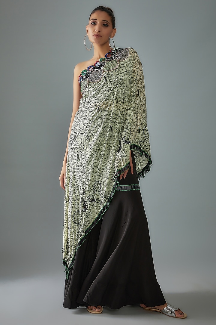 Beige Crepe Printed & Hand Embroidered One-Shoulder Cape Set by Nupur Kanoi