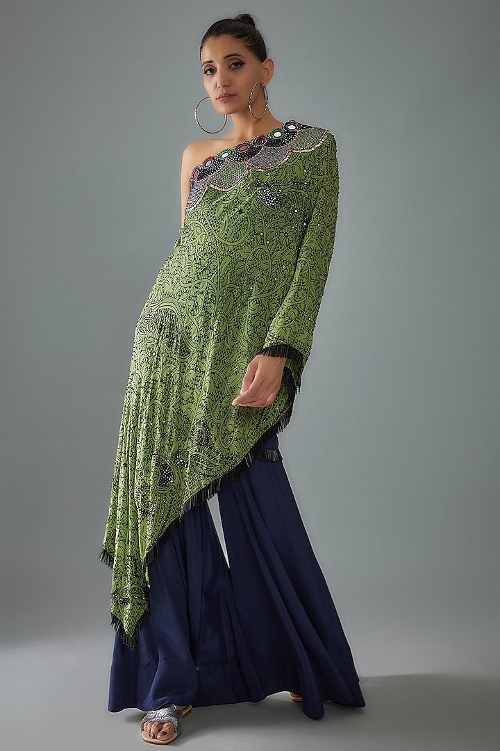Jade Green Crepe Printed & Hand Embroidered One-Shoulder Cape Set by Nupur Kanoi