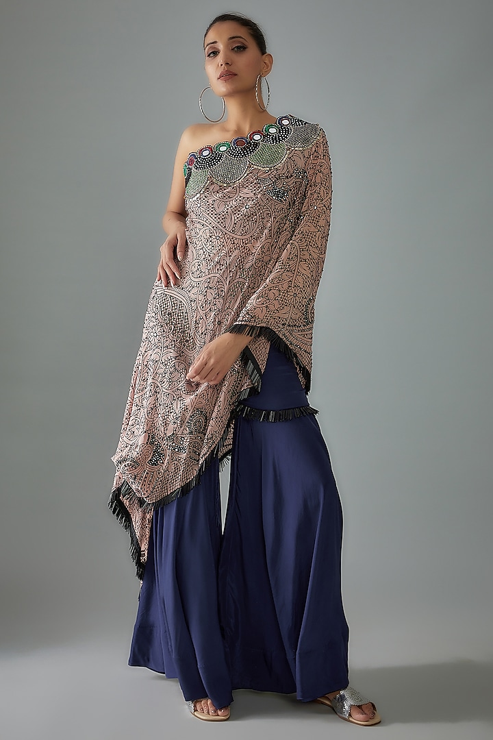 Dusty Rose Crepe Printed & Hand Embroidered One-Shoulder Cape Set by Nupur Kanoi