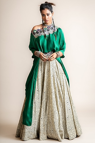 Beige Crepe Printed Lehenga Set by Nupur Kanoi