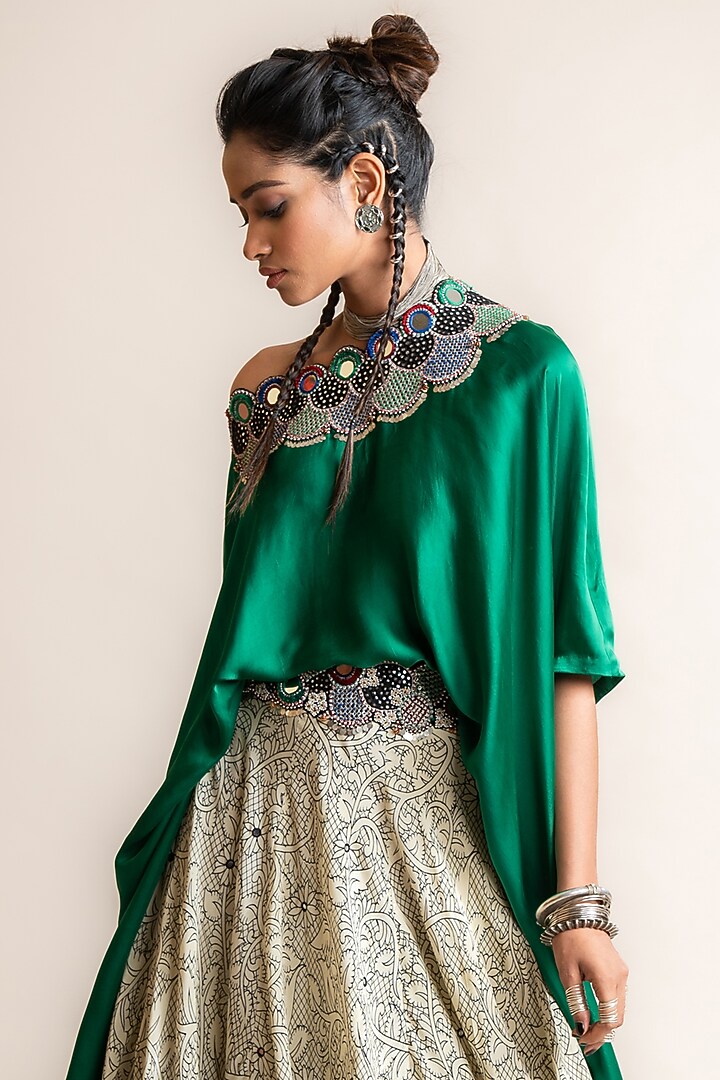Beige Crepe Printed Wedding Lehenga Set by Nupur Kanoi at Pernia's Pop Up Shop