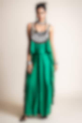 Emerald Green Satin Hand Embroidered Lungi Dress by Nupur Kanoi