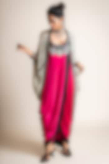 Fuchsia & Black Satin Embroidered Jacket Dress by Nupur Kanoi at Pernia's Pop Up Shop