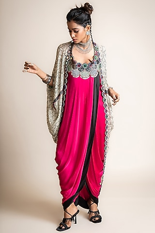 Fuchsia & Black Satin Embroidered Jacket Dress by Nupur Kanoi