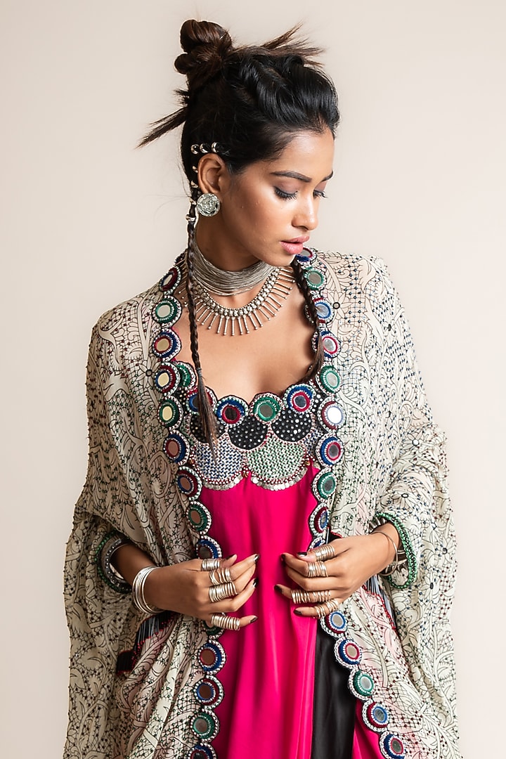 Fuchsia & Black Satin Embroidered Jacket Party Wear Dress by Nupur Kanoi at Pernia's Pop Up Shop