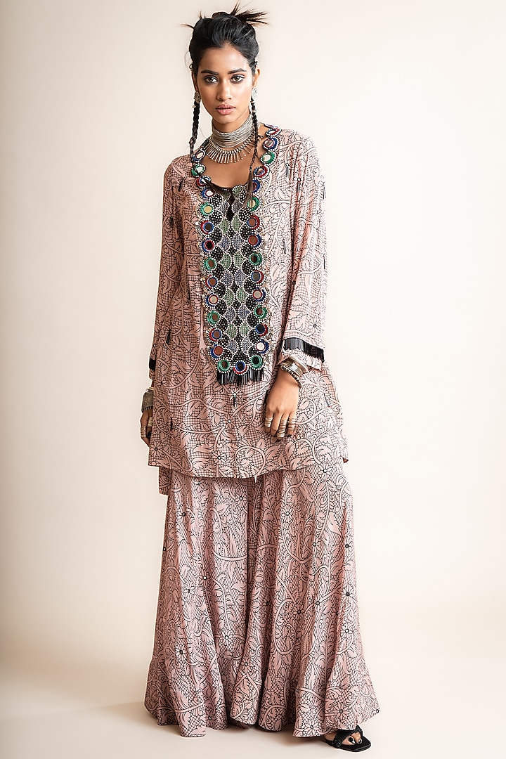 Dusty Rose Crepe Printed Gharara Set by Nupur Kanoi