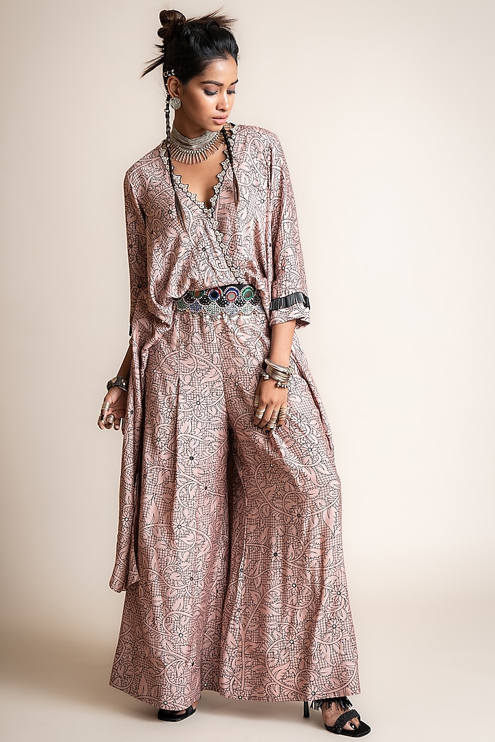 Dusty Rose Crepe Printed & Embroidered Jumpsuit by Nupur Kanoi
