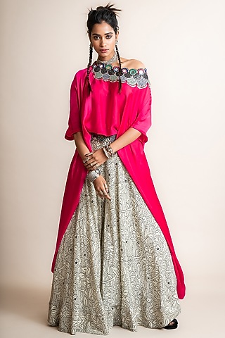 Beige Crepe Printed Lehenga Set by Nupur Kanoi