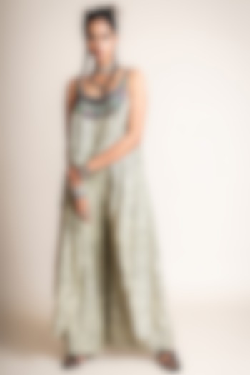 Beige Crepe Printed & Hand Embroidered Jumpsuit by Nupur Kanoi
