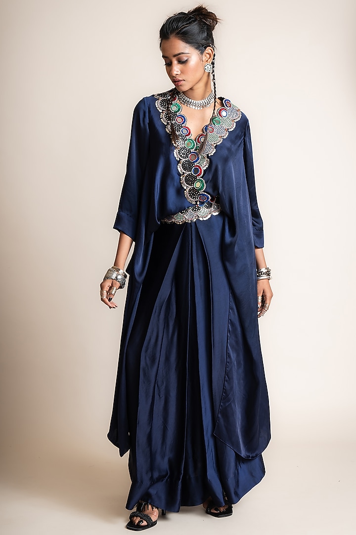 Navy Blue Satin Hand Embroidered Lungi Dress by Nupur Kanoi