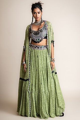 Jade Georgette & Crepe Printed Jacket Lehenga Set by Nupur Kanoi
