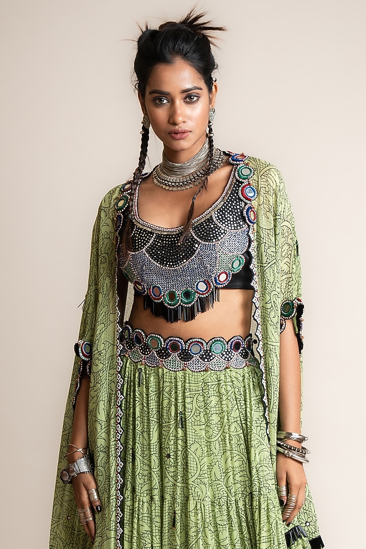 Jade Georgette & Crepe Printed Jacket Wedding Lehenga Set by Nupur Kanoi at Pernia's Pop Up Shop