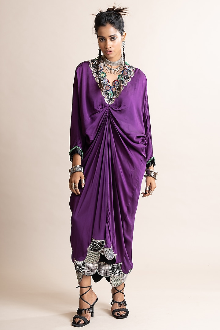 Purple Satin Hand Embroidered Dress by Nupur Kanoi at Pernia's Pop Up Shop