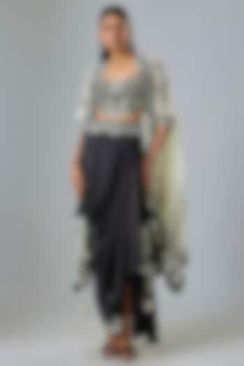 Off-White & Black Crepe Embroidered Cape Set by Nupur Kanoi at Pernia's Pop Up Shop