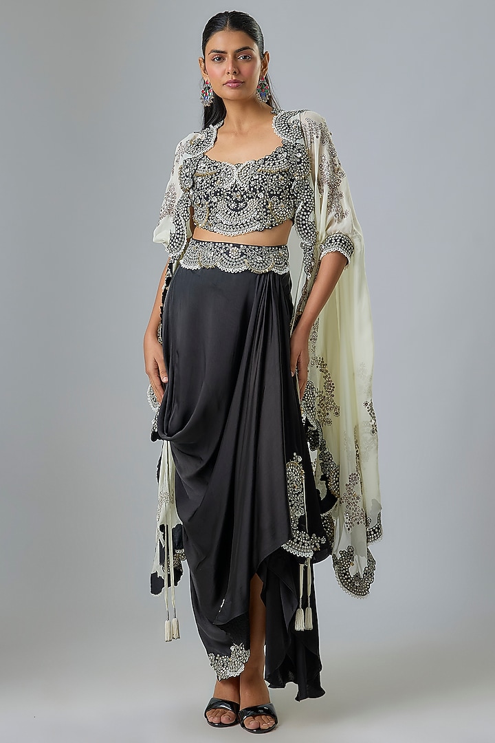 Off-White & Black Crepe Embroidered Cape Set by Nupur Kanoi at Pernia's Pop Up Shop