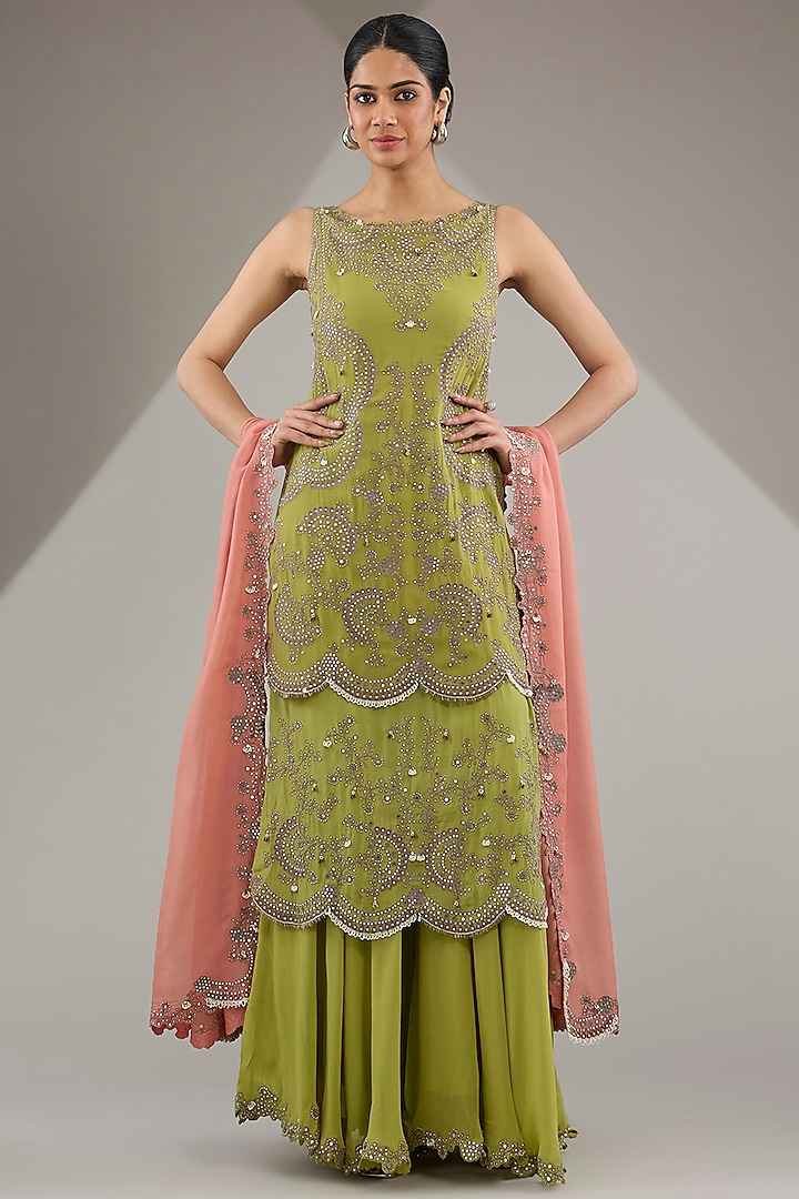 Pista Green Georgette & Crepe Hand Embroidered Kurta Set by Nupur Kanoi at Pernia's Pop Up Shop