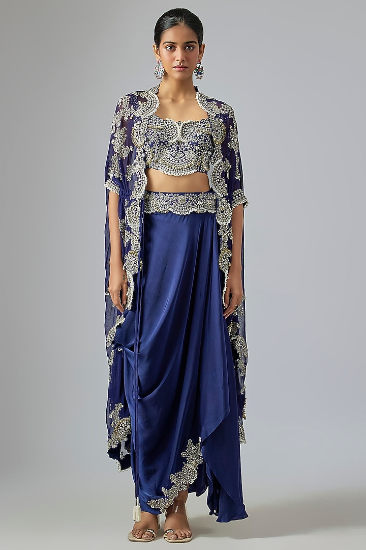 Navy Blue Satin Cowl Skirt Set by Nupur Kanoi at Pernia's Pop Up Shop