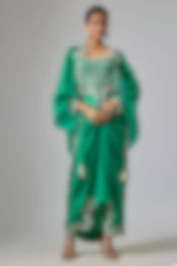 Green Satin Pick-Up Skirt Set by Nupur Kanoi at Pernia's Pop Up Shop