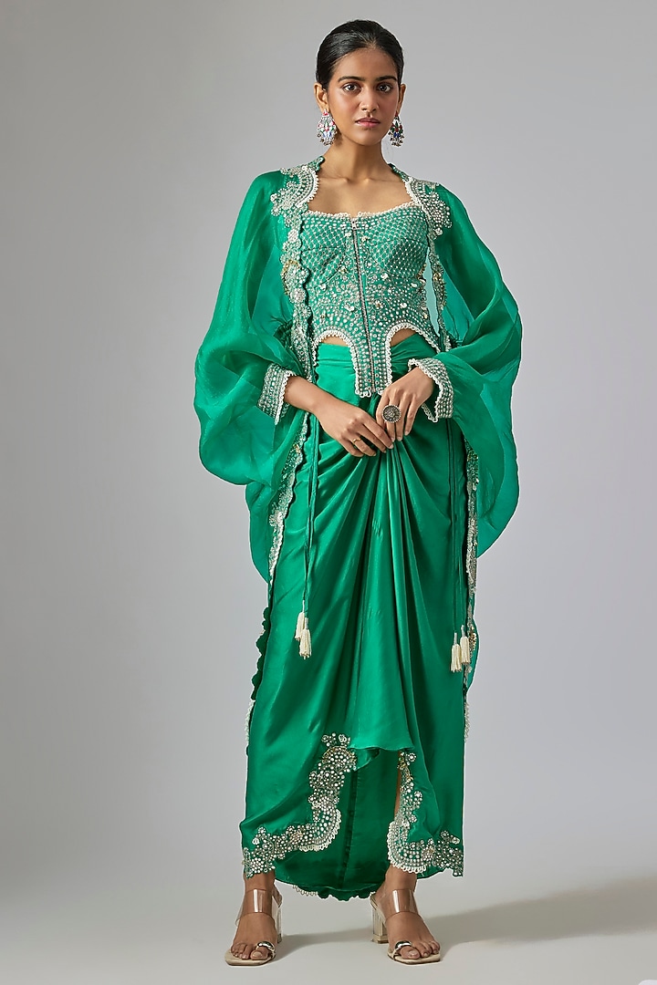 Green Satin Pick-Up Skirt Set by Nupur Kanoi at Pernia's Pop Up Shop