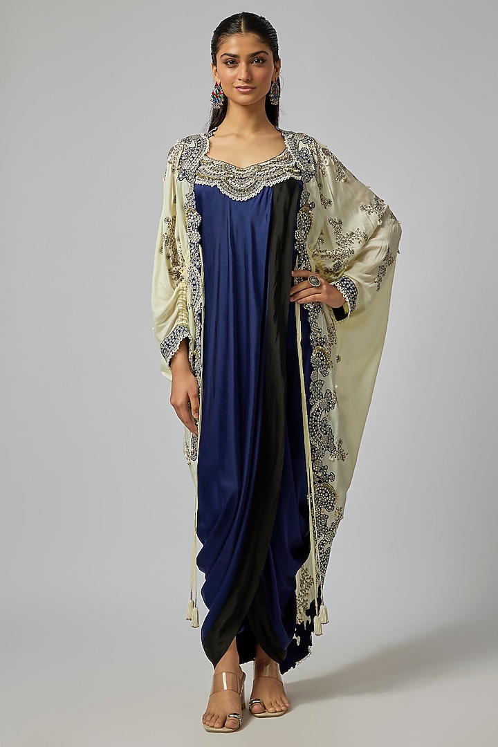 Navy Blue Satin Hand Embroidered Gathered Kite Party Wear Dress With Cape by Nupur Kanoi at Pernia's Pop Up Shop