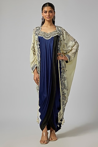 Navy Blue Satin Hand Embroidered Gathered Kite Dress With Cape by Nupur Kanoi