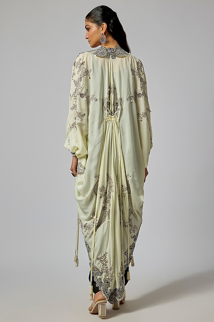 Navy Blue Satin Hand Embroidered Gathered Kite Party Wear Dress With Cape by Nupur Kanoi at Pernia's Pop Up Shop
