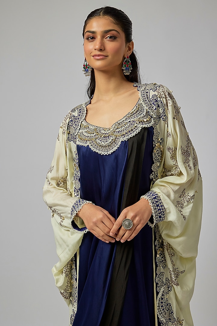 Navy Blue Satin Hand Embroidered Gathered Kite Party Wear Dress With Cape by Nupur Kanoi at Pernia's Pop Up Shop
