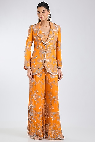 Orange Georgette Hand Embroidered Pant Set by Nupur Kanoi