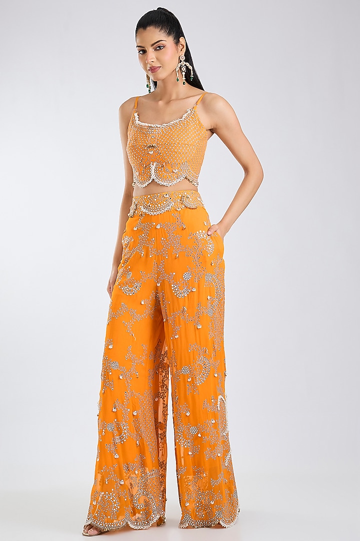 Orange Georgette Hand Embroidered Pant Set by Nupur Kanoi at Pernia's Pop Up Shop