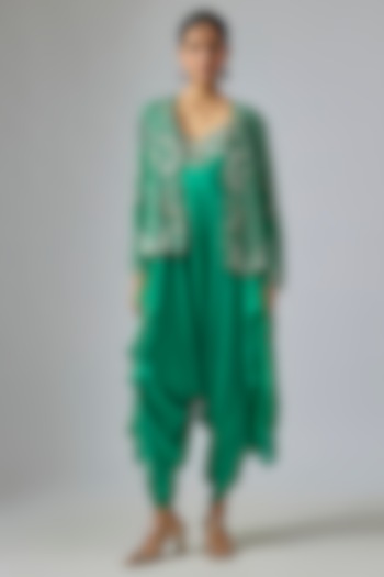 Sea Green Satin Hand Embroidered Jumpsuit With Jacket by Nupur Kanoi at Pernia's Pop Up Shop