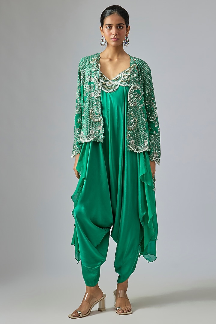 Sea Green Satin Hand Embroidered Jumpsuit With Jacket by Nupur Kanoi at Pernia's Pop Up Shop