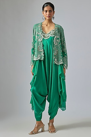 Sea Green Satin Hand Embroidered Jumpsuit With Jacket by Nupur Kanoi