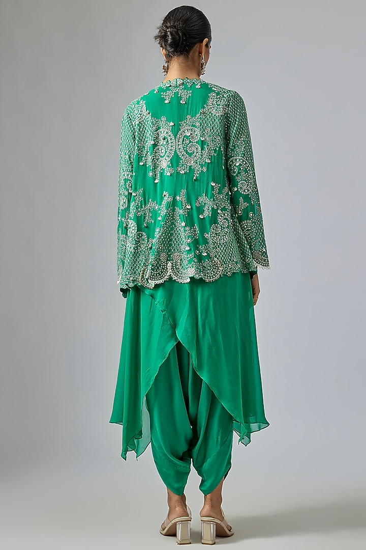 Sea Green Satin Hand Embroidered Jumpsuit With Jacket by Nupur Kanoi at Pernia's Pop Up Shop