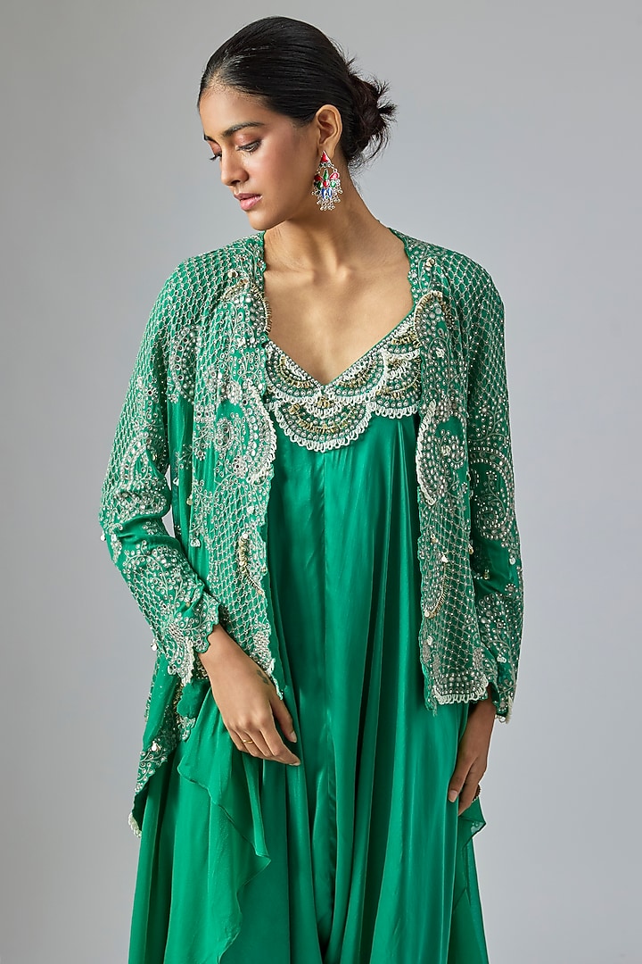 Sea Green Satin Hand Embroidered Jumpsuit With Jacket by Nupur Kanoi at Pernia's Pop Up Shop