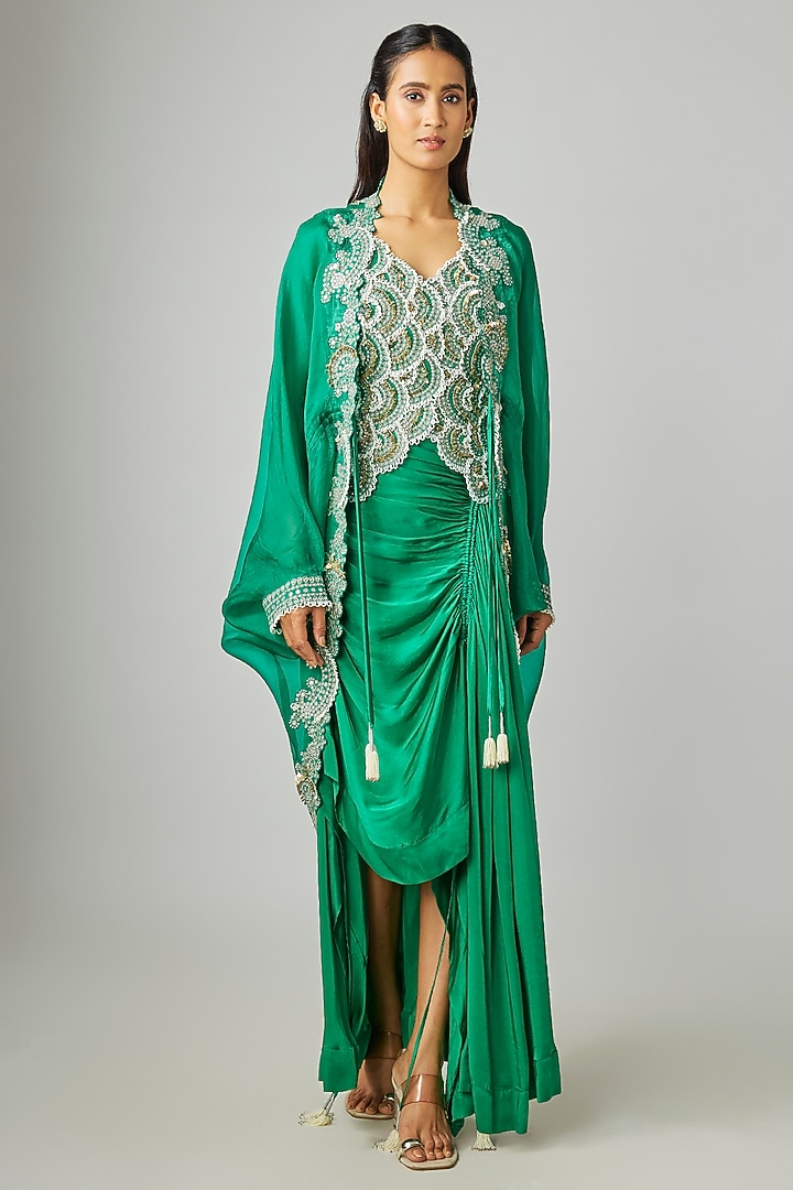 Green Satin Circular Gathered Skirt Set by Nupur Kanoi at Pernia's Pop Up Shop