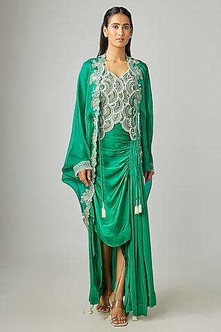 Green Satin Circular Gathered Skirt Set by Nupur Kanoi