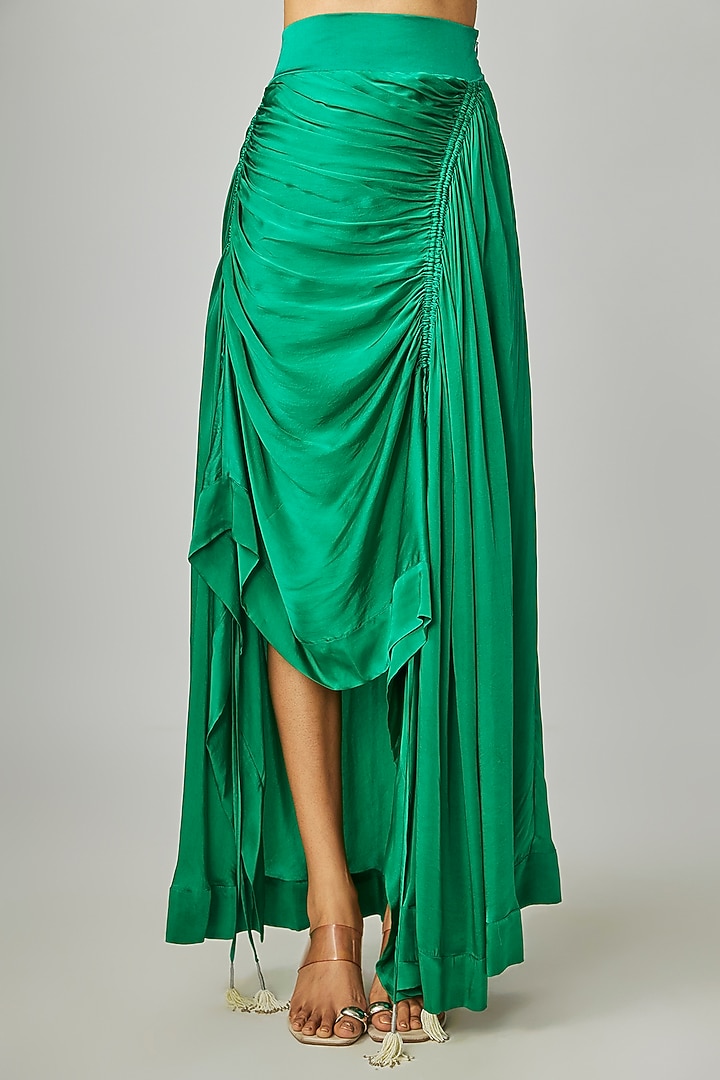 Green Satin Circular Gathered Skirt Set by Nupur Kanoi at Pernia's Pop Up Shop