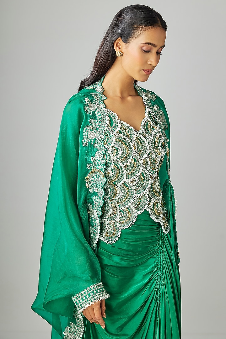 Green Satin Circular Gathered Skirt Set by Nupur Kanoi at Pernia's Pop Up Shop